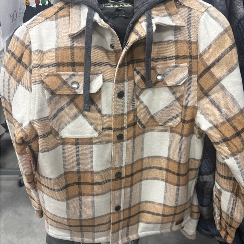 Lightweight Hooded Plaid Shacket in Cream and Tan